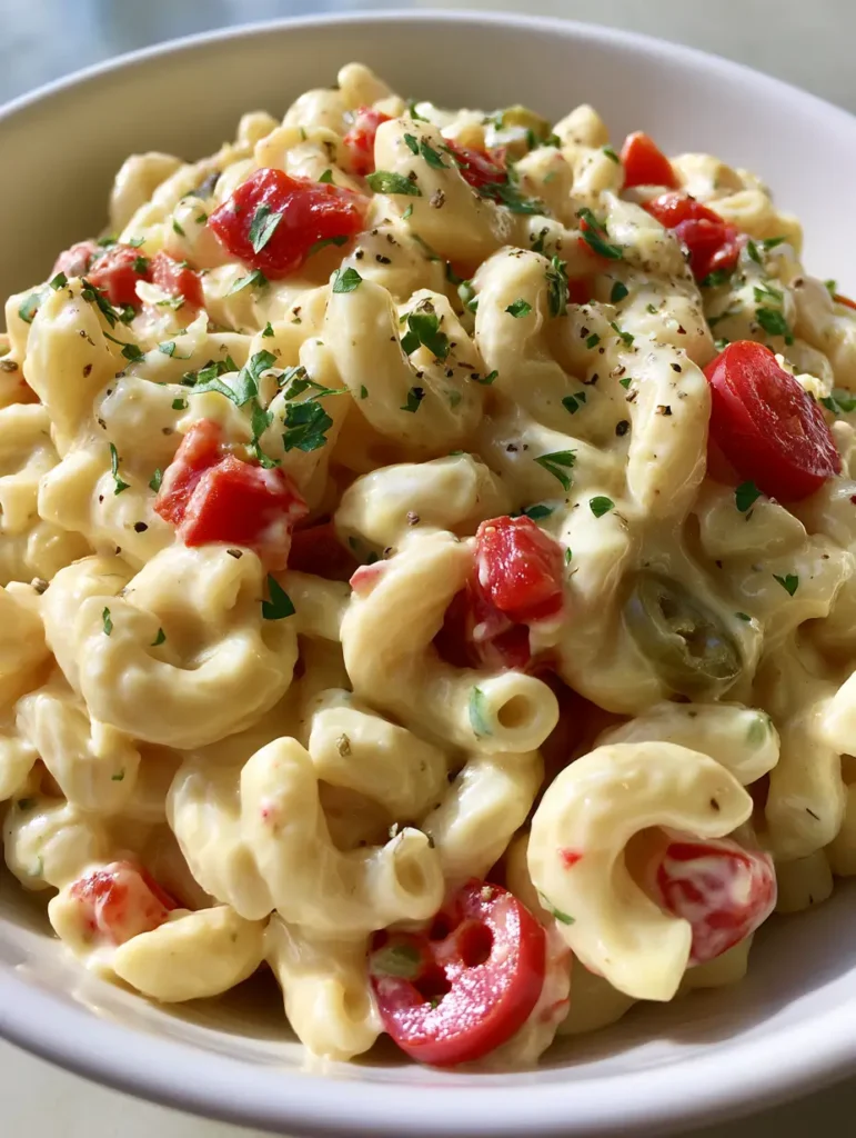 A close-up view of elbow macaroni coated in pale yellow mustard-mayo dressing with red peppers for the Guy Fieri Macaroni Salad.