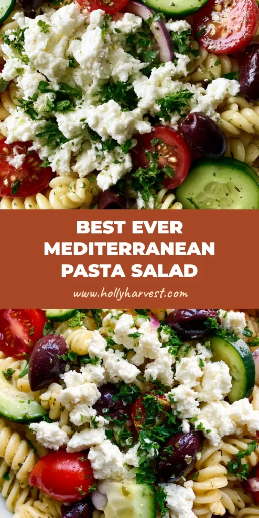 Mediterranean Pasta Salad with Feta and Zesty Herb Vinaigrette 4 A top-down view of a Mediterranean Pasta Salad in a white ceramic bowl featuring fusilli, cherry tomatoes, cucumbers, feta, and kalamata olives.