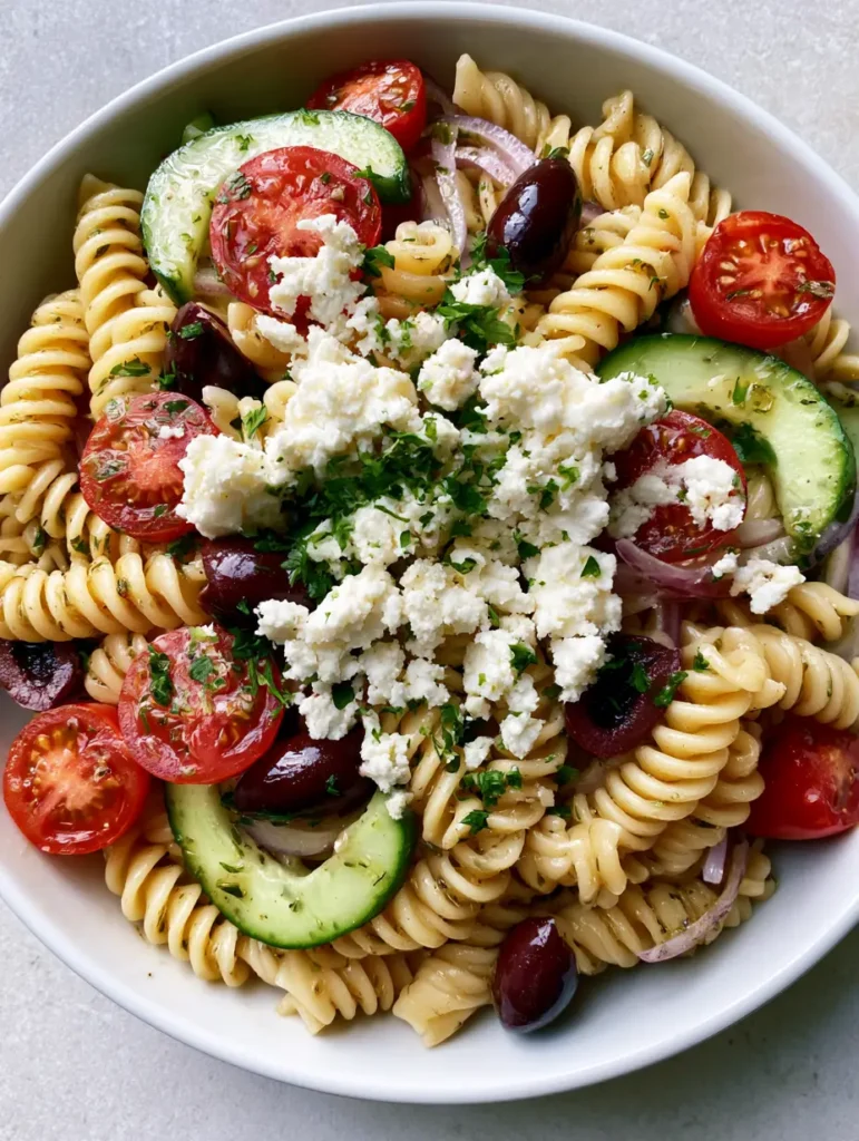 Close-up of Mediterranean Pasta Salad showing the translucent herb vinaigrette and matte white feta crumbles on fusilli spirals.