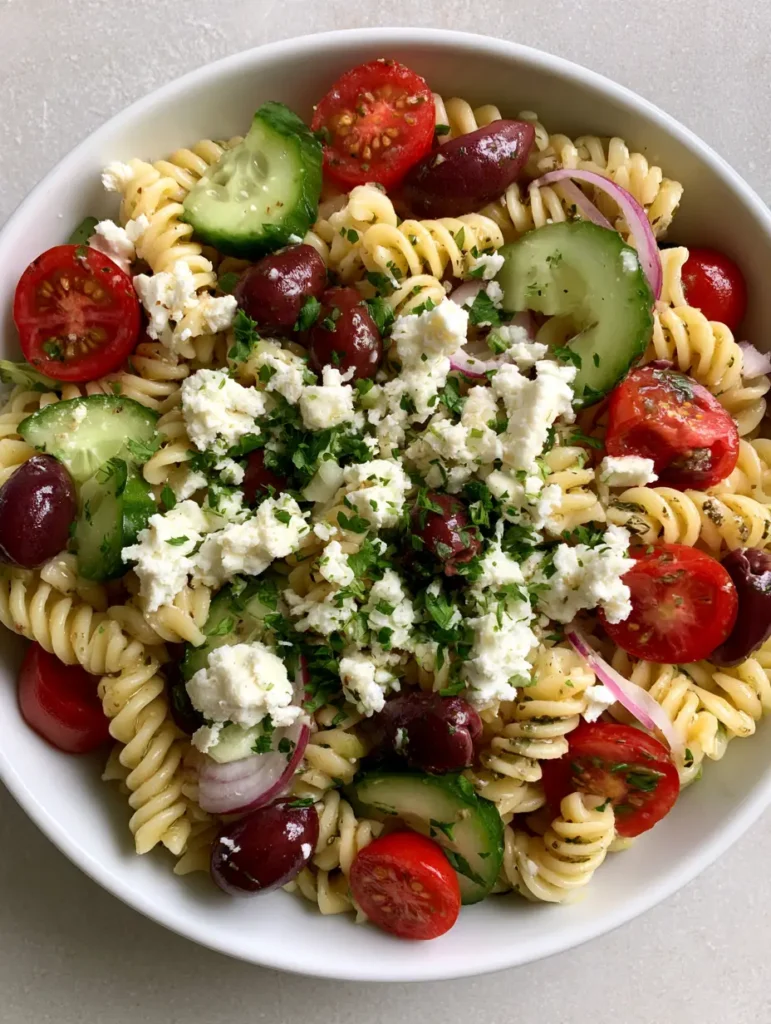 Mediterranean Pasta Salad with Feta and Zesty Herb Vinaigrette 1 Fresh Mediterranean Pasta Salad with vibrant green parsley, red onion rings, and dark kalamata olives on a gray stone surface.
