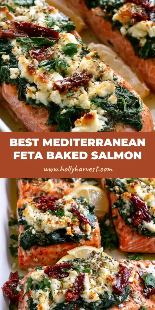 Mediterranean Baked Salmon: The Ultimate Recipe for Flaky, Flavor-Rich Seafood 4 A ceramic baking dish filled with Mediterranean Baked Salmon fillets topped with spinach, feta cheese, and sun-dried tomatoes.