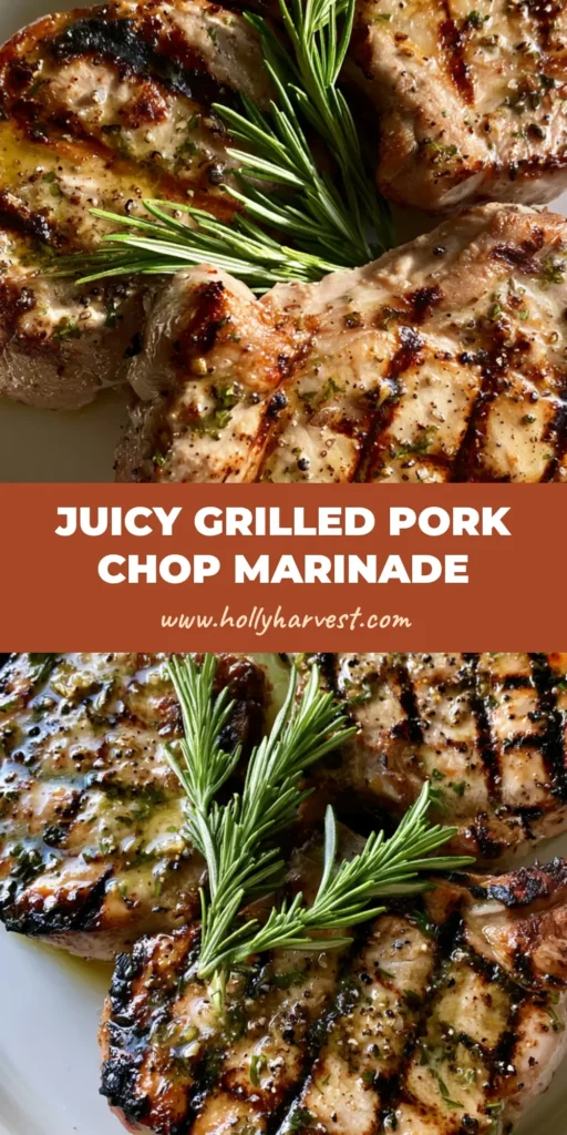 A top-down photo of three thick-cut grilled pork chops with cross-hatch marks and fresh rosemary on a white plate. (Grilled Pork Chop Marinade)
