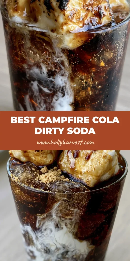 A tall glass of Campfire Cola Dirty Soda topped with three charred marshmallows, chocolate drizzle, and graham cracker crumbs on a wooden surface.