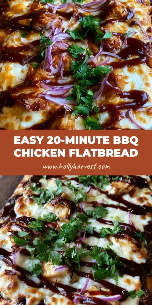A close-up of a crispy BBQ Chicken Flatbread with glossy mahogany sauce and bubbly mozzarella on a wood board.