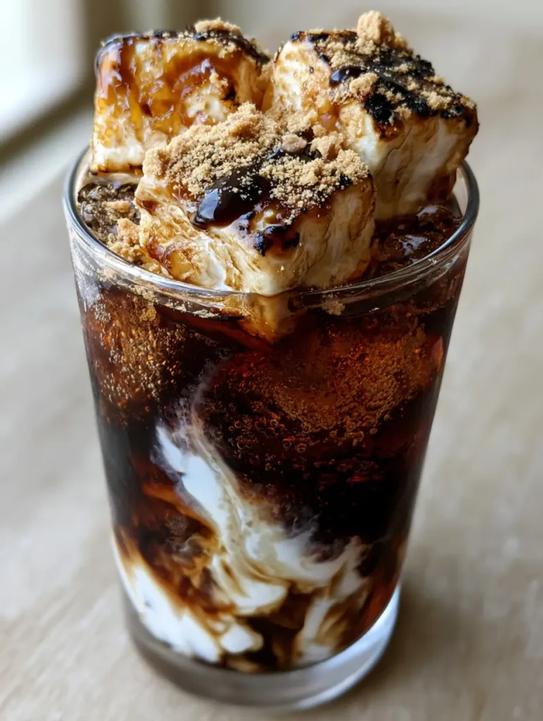 Close up of the marbled cream swirl inside a Campfire Cola Dirty Soda glass with large ice cubes.