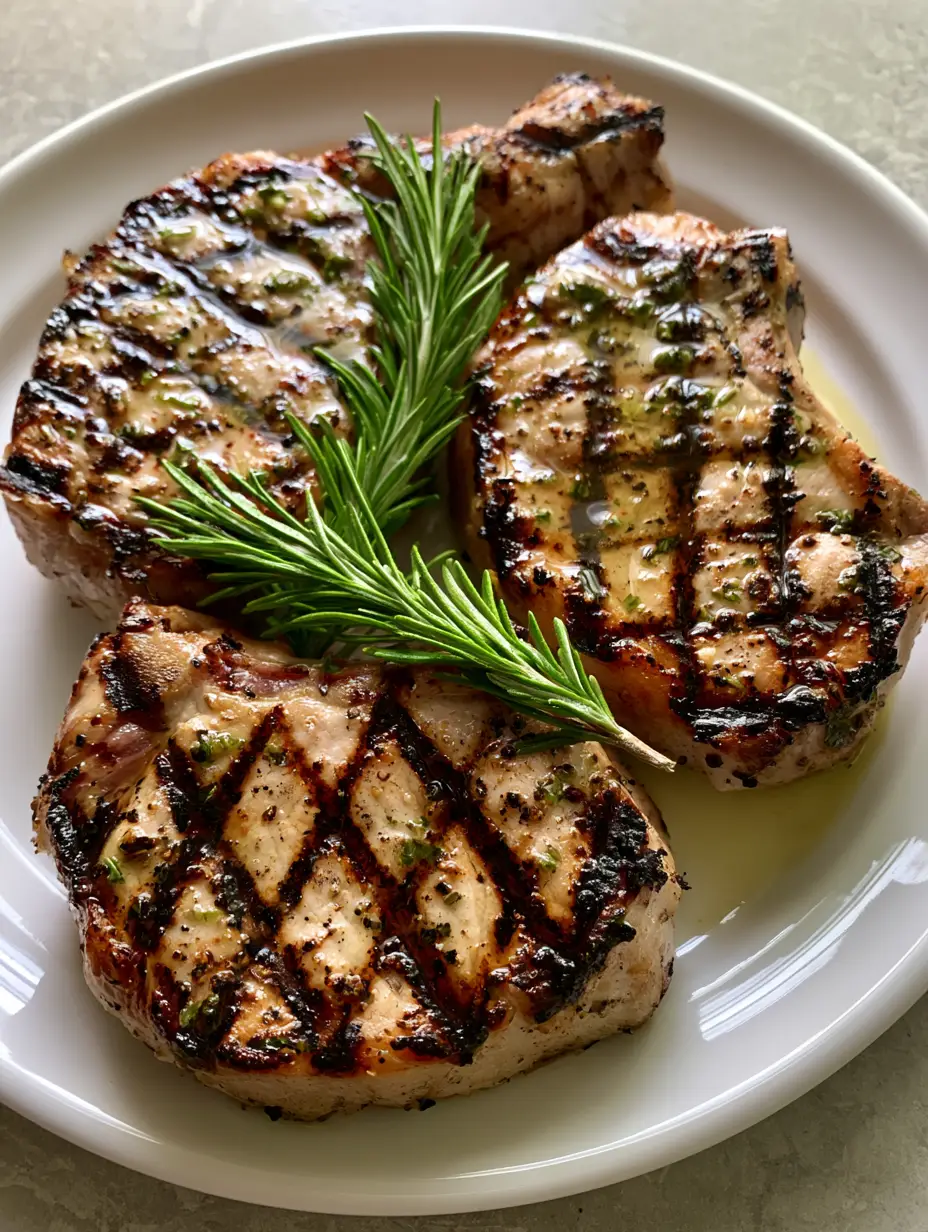 Close-up of thick-cut pork chops featuring dark cross-hatch grill marks and visible herb flecks. (Grilled Pork Chop Marinade)