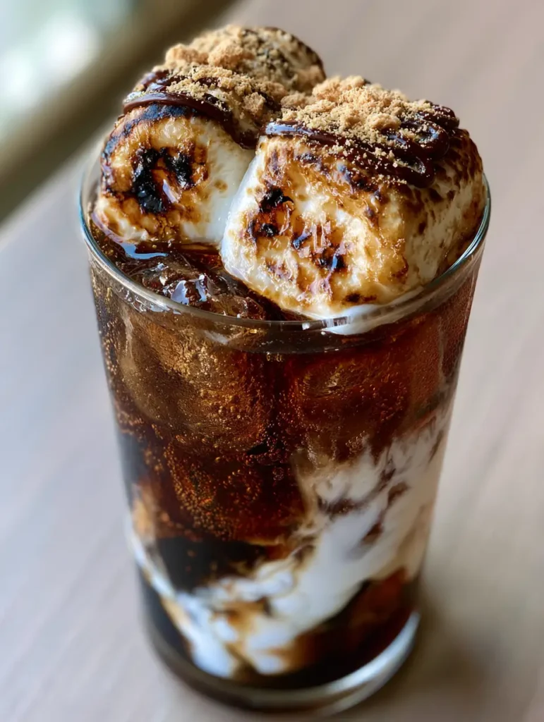 Overhead view of charred marshmallows on top of a Campfire Cola Dirty Soda with chocolate and graham cracker crumbs.
