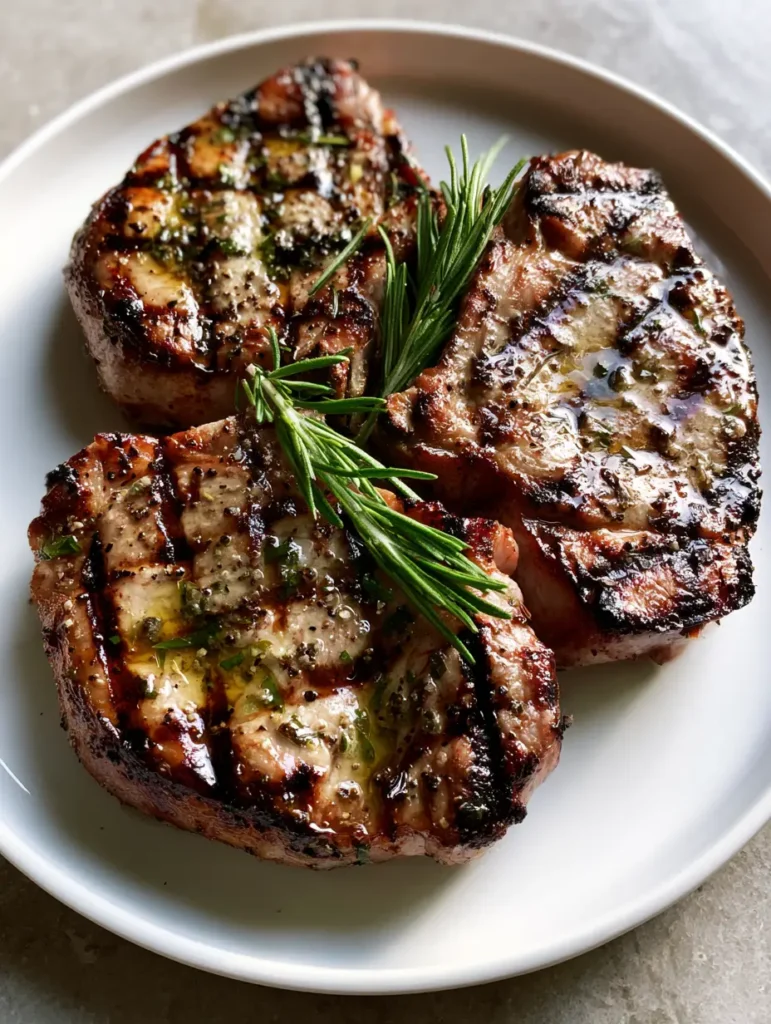 Grilled pork chops arranged on a white ceramic plate with fresh rosemary sprigs on a light-grey stone surface.