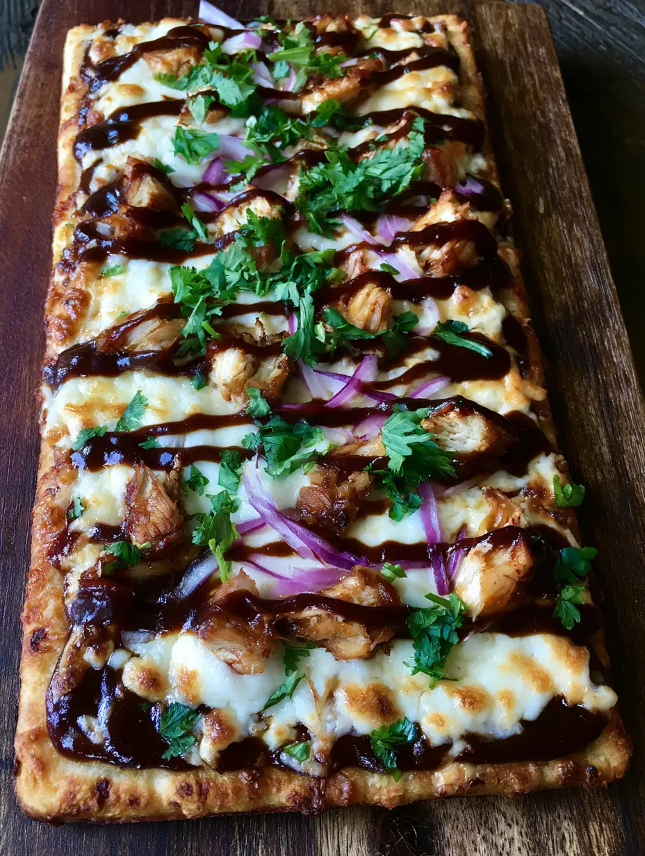Golden-brown rectangular flatbread with charred edges, mahogany BBQ sauce, and melted mozzarella cheese.