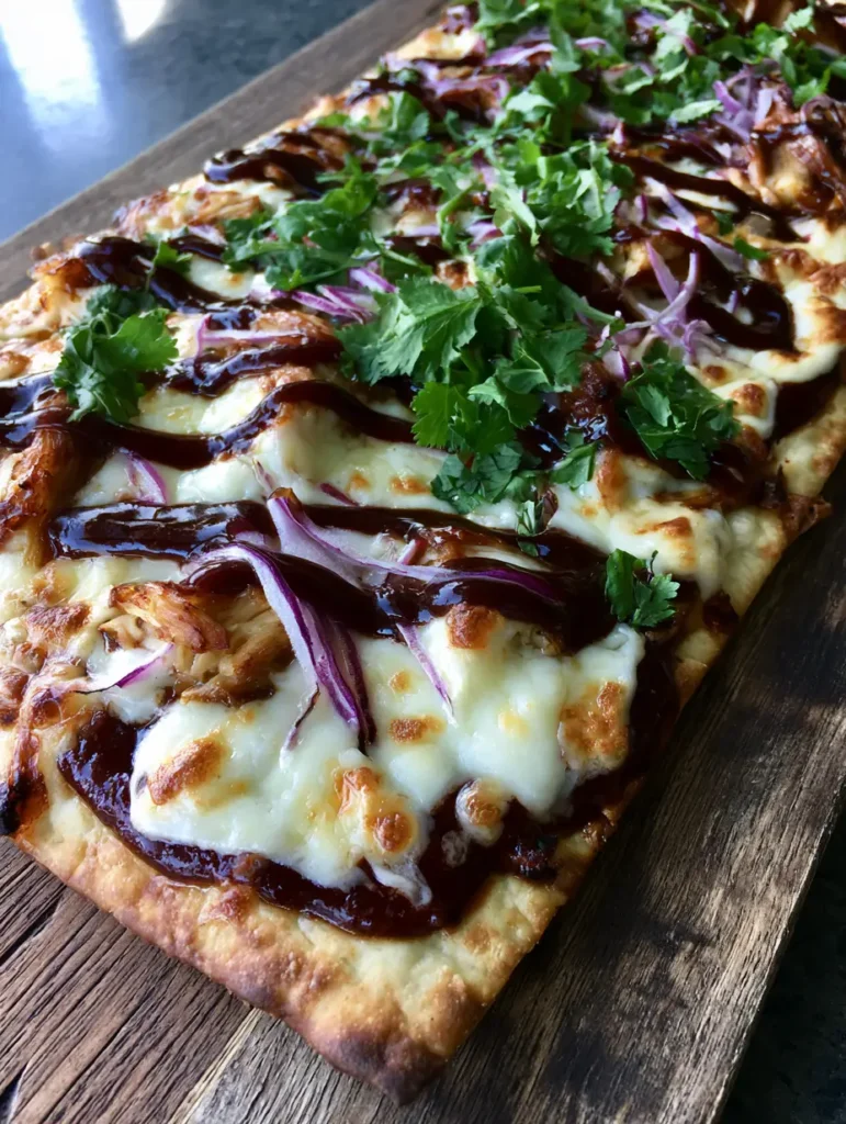 A finished BBQ Chicken Flatbread with a decorative BBQ sauce zigzag drizzle and fresh cilantro garnish.