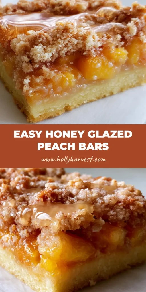 Peach Crumble Bars with a Glossy Honey Glaze 4 A close-up vertical shot of rectangular Peach Crumble Bars on parchment paper, highlighting the thick peach layer and glossy honey drizzle.
