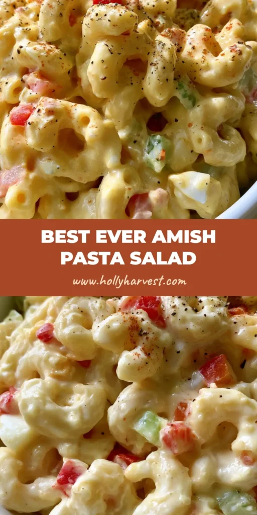 Amish Pasta Salad: The Ultimate Creamy and Tangy Summer Classic 4 A close up view of Amish Pasta Salad in a white ceramic bowl showing creamy pale yellow dressing and colorful red peppers. (Amish Pasta Salad)