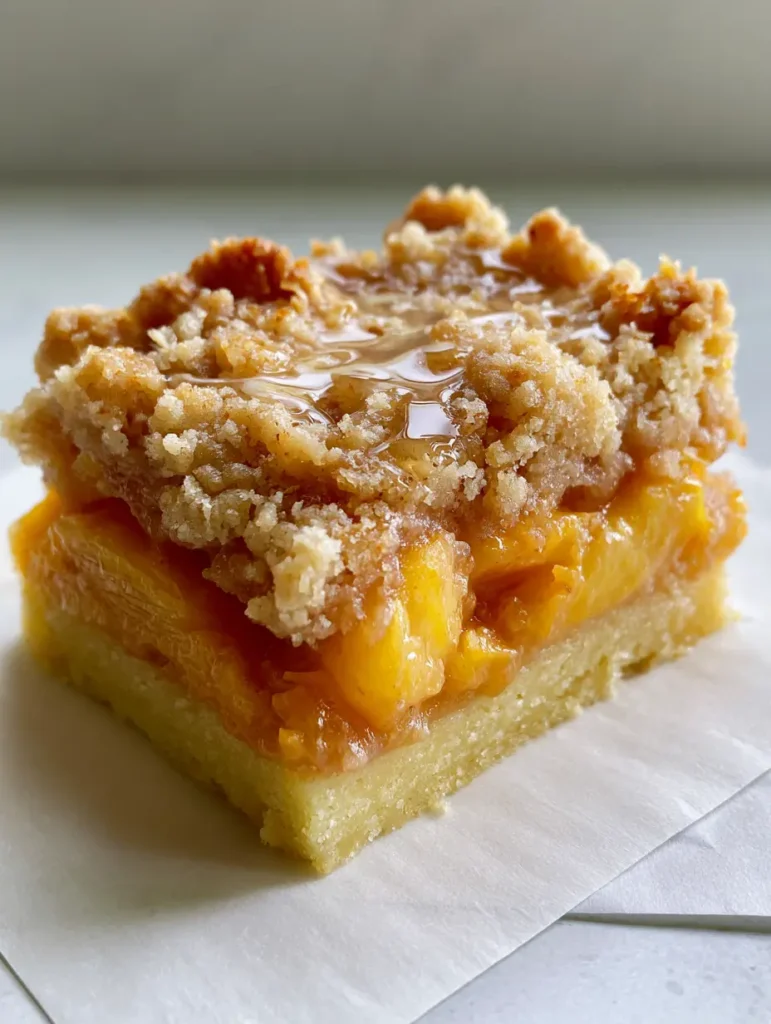 Peach Crumble Bars with a Glossy Honey Glaze 2 A handheld smartphone photo showing the layers of a Peach Crumble Bar: buttery shortbread, chunky peaches, and a golden crumble.