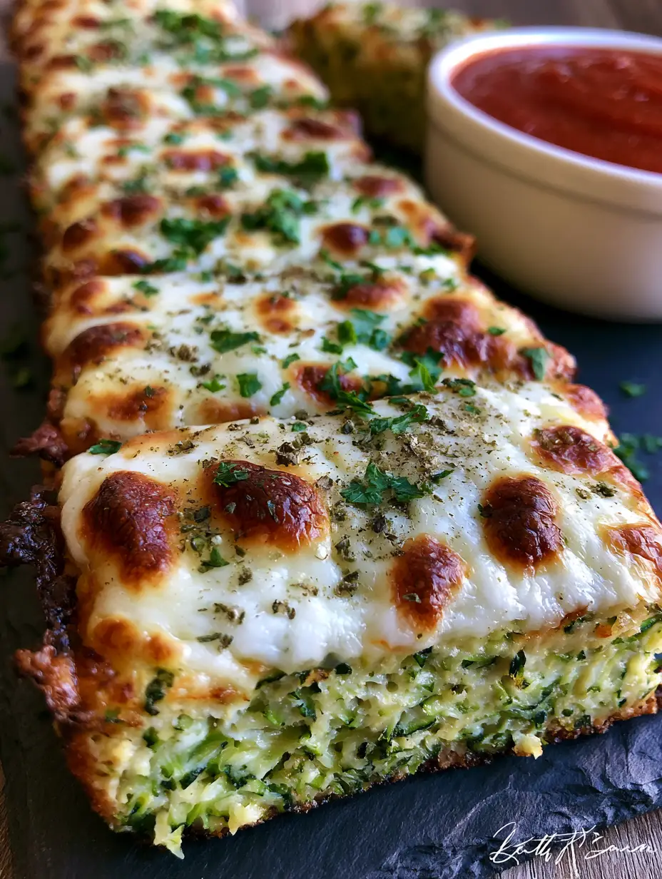 Close-up of Cheesy Zucchini Breadsticks showing the dense zucchini base and golden mozzarella bubbles. (Cheesy Zucchini Breadsticks)