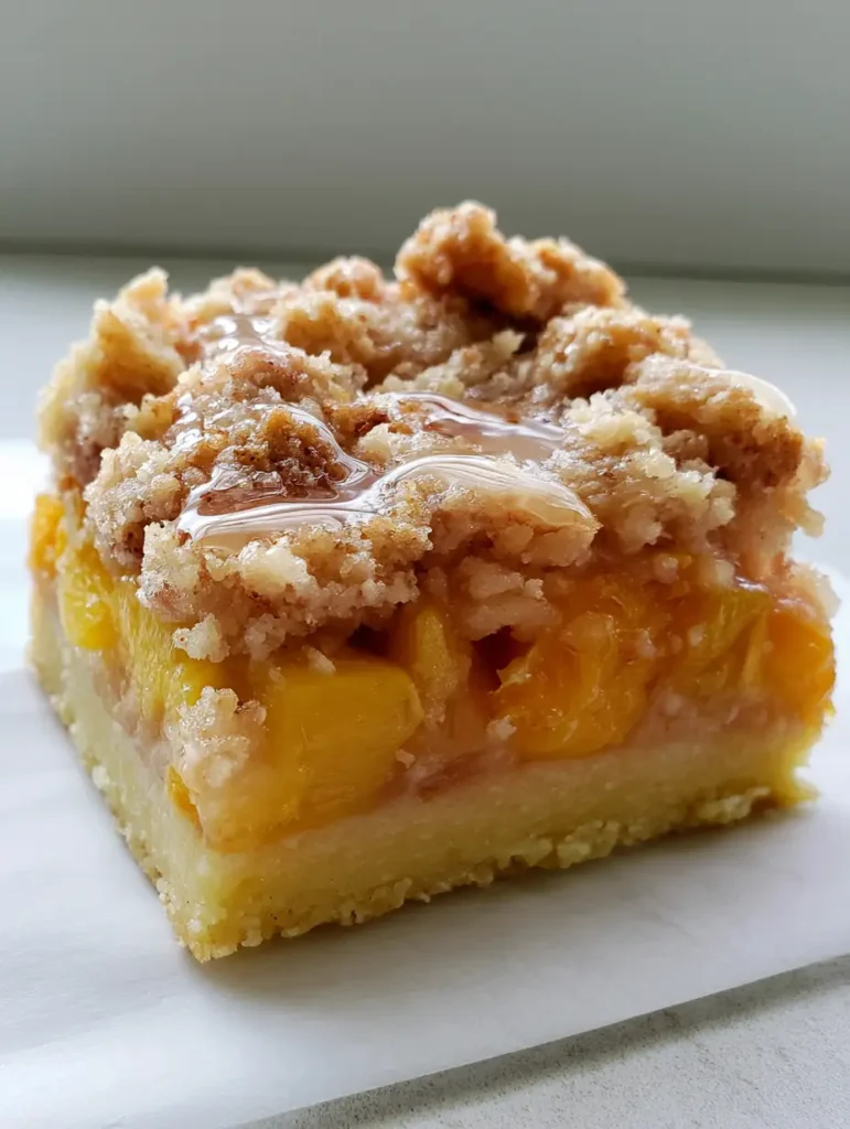 Peach Crumble Bars with a Glossy Honey Glaze 1 Top-down angle of Peach Crumble Bars highlighting the pebbly texture and reflective honey glaze drizzle.