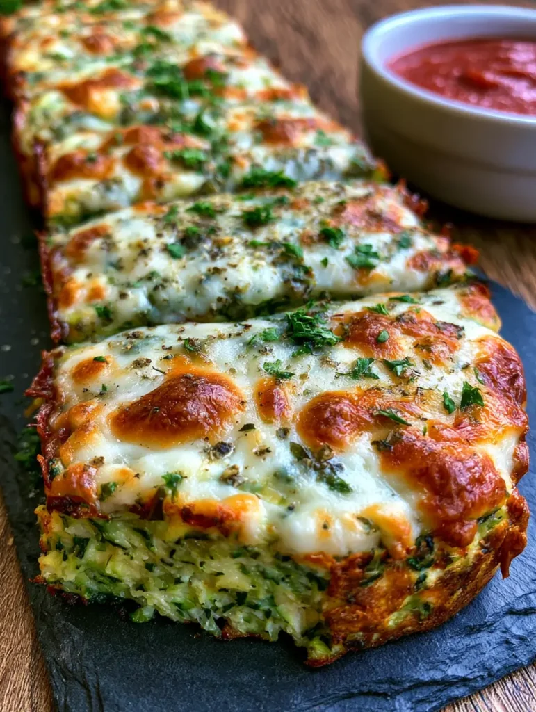 Rectangular Cheesy Zucchini Breadsticks arranged on a slate platter with a porcelain bowl of marinara sauce.