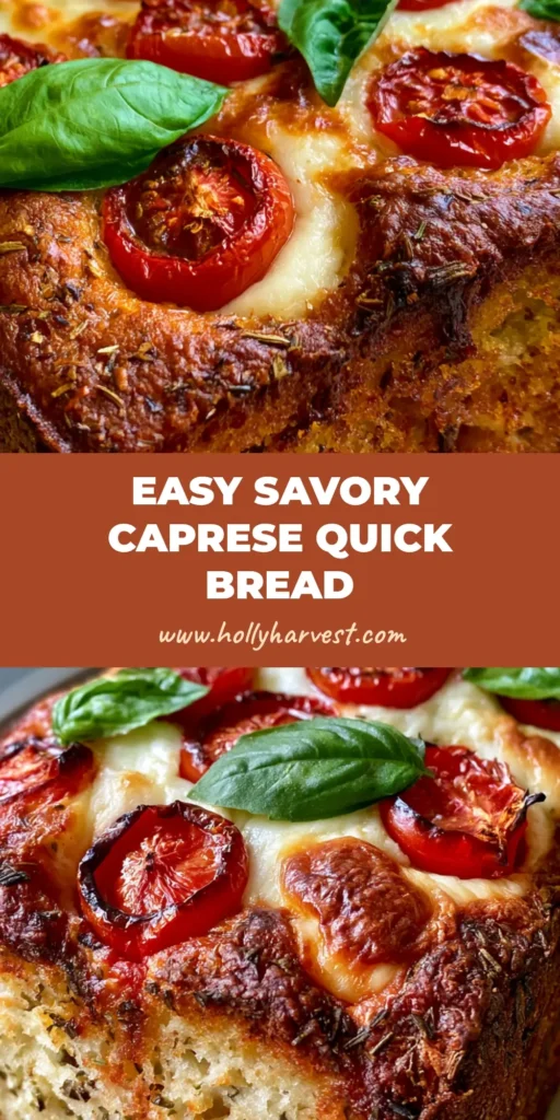 A rustic loaf of Caprese Quick Bread topped with blistered cherry tomatoes and melted mozzarella pearls on a neutral surface.
