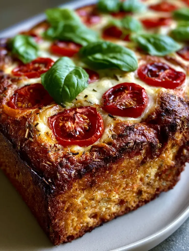 Detailed close-up of Caprese Quick Bread showing the thick golden crust and moist interior crumb with dried herbs. (Caprese Quick Bread)