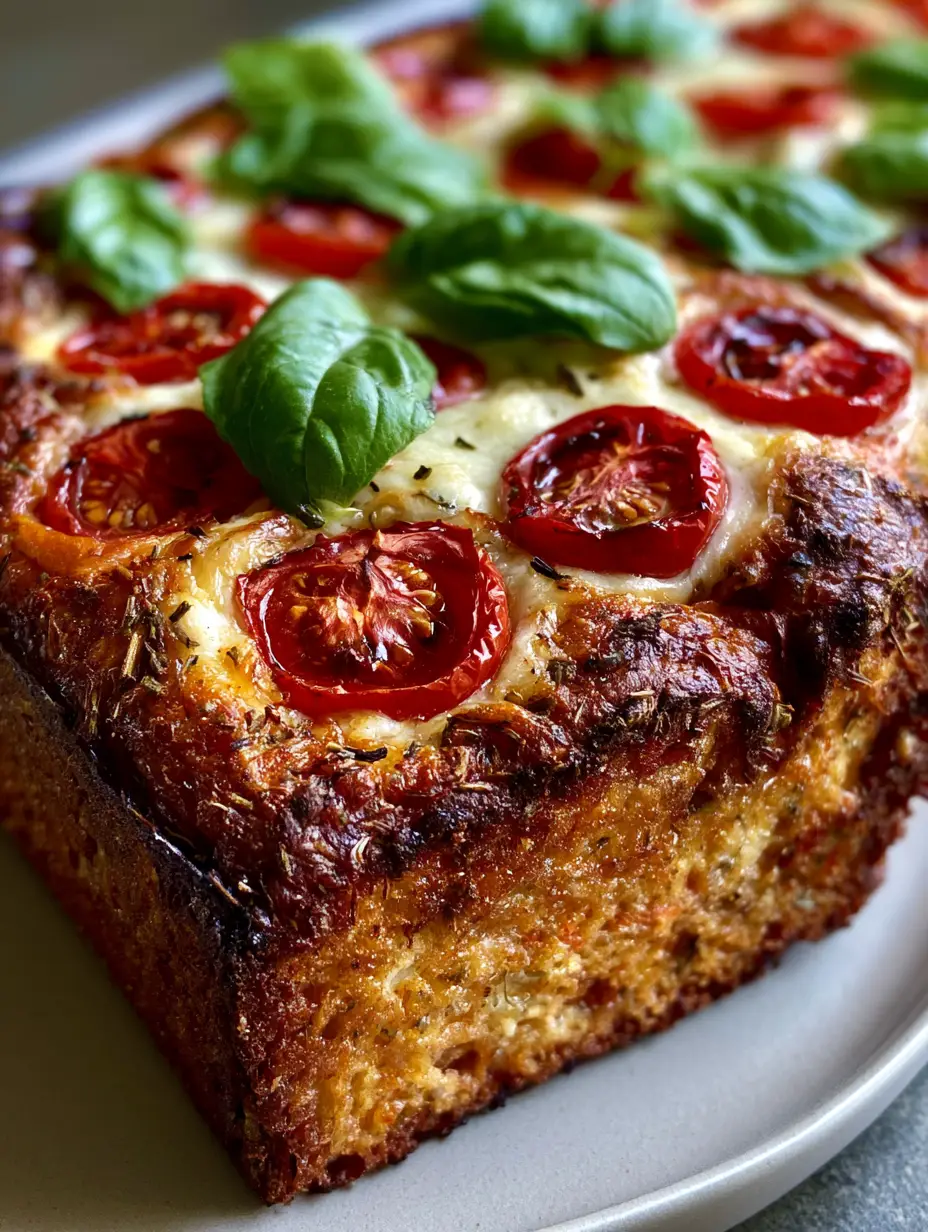 Detailed close-up of Caprese Quick Bread showing the thick golden crust and moist interior crumb with dried herbs. (Caprese Quick Bread)