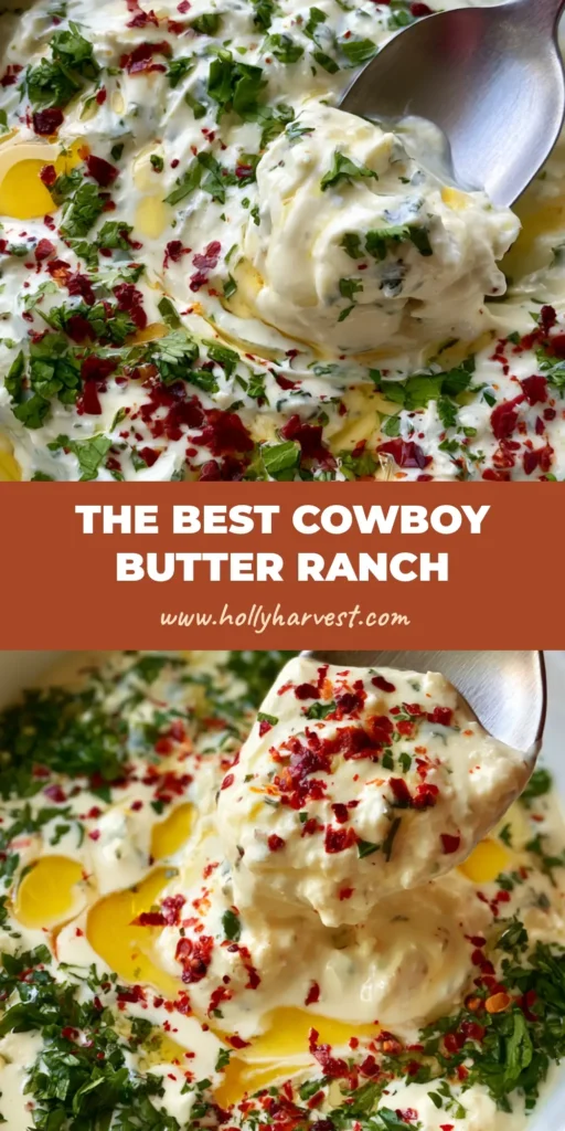 A top-down view of Cowboy Butter Ranch Dressing in a white ceramic bowl with a marbled butter swirl, red pepper flakes, and fresh parsley.