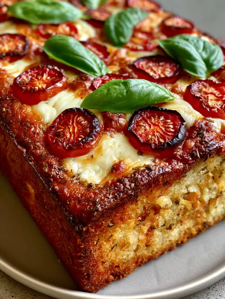 Caprese Quick Bread loaf featuring golden-brown mozzarella and fresh basil leaves in natural daylight.