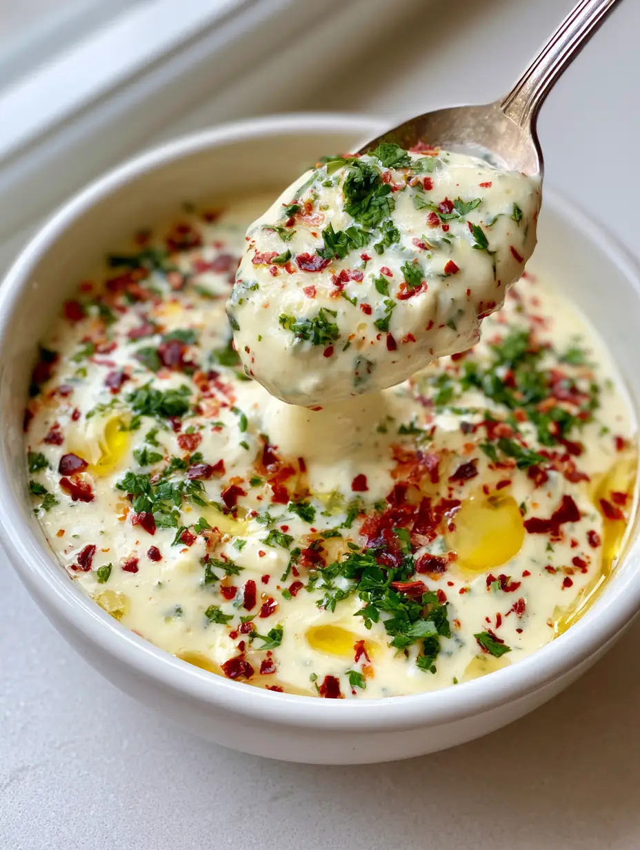 Close up of Cowboy Butter Ranch Dressing showing the velvety pale cream texture and golden butter droplets.
