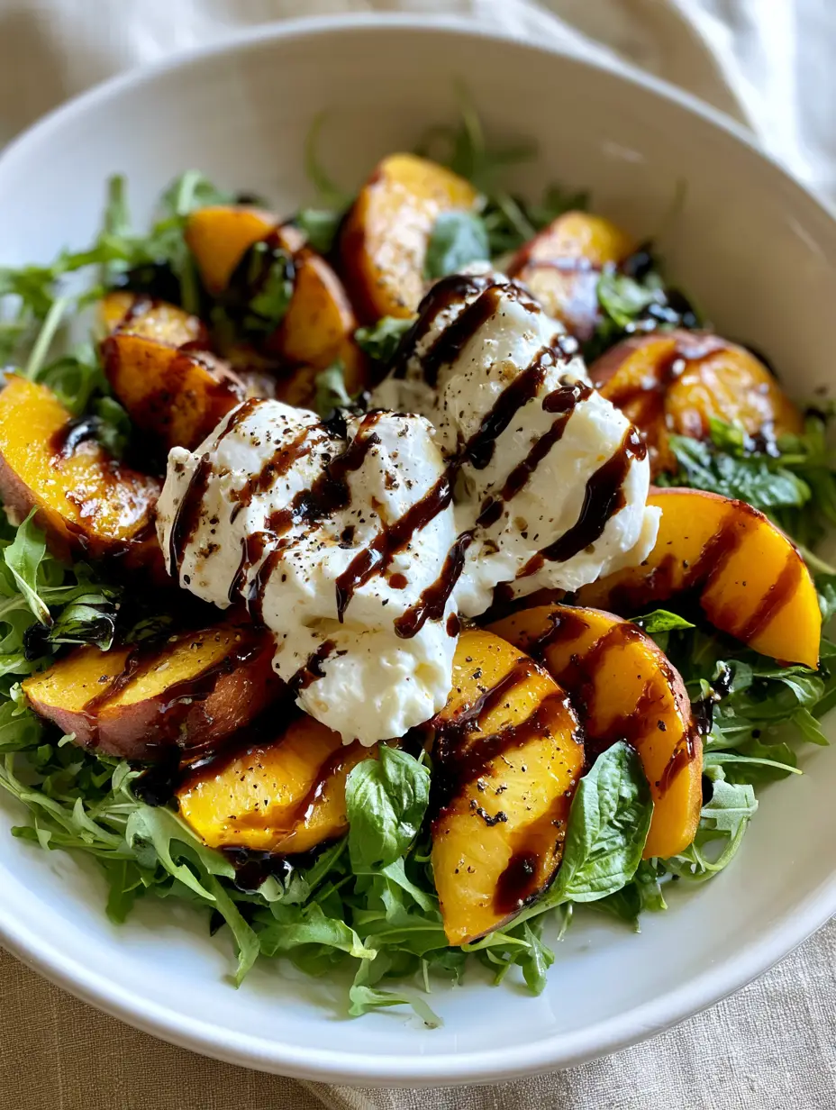 Peach Burrata Salad: The Ultimate Summer Appetizer with Caramelized Peaches 3 Close-up of Peach Burrata Salad with charred peach wedges and snowy white creamy burrata cheese.
