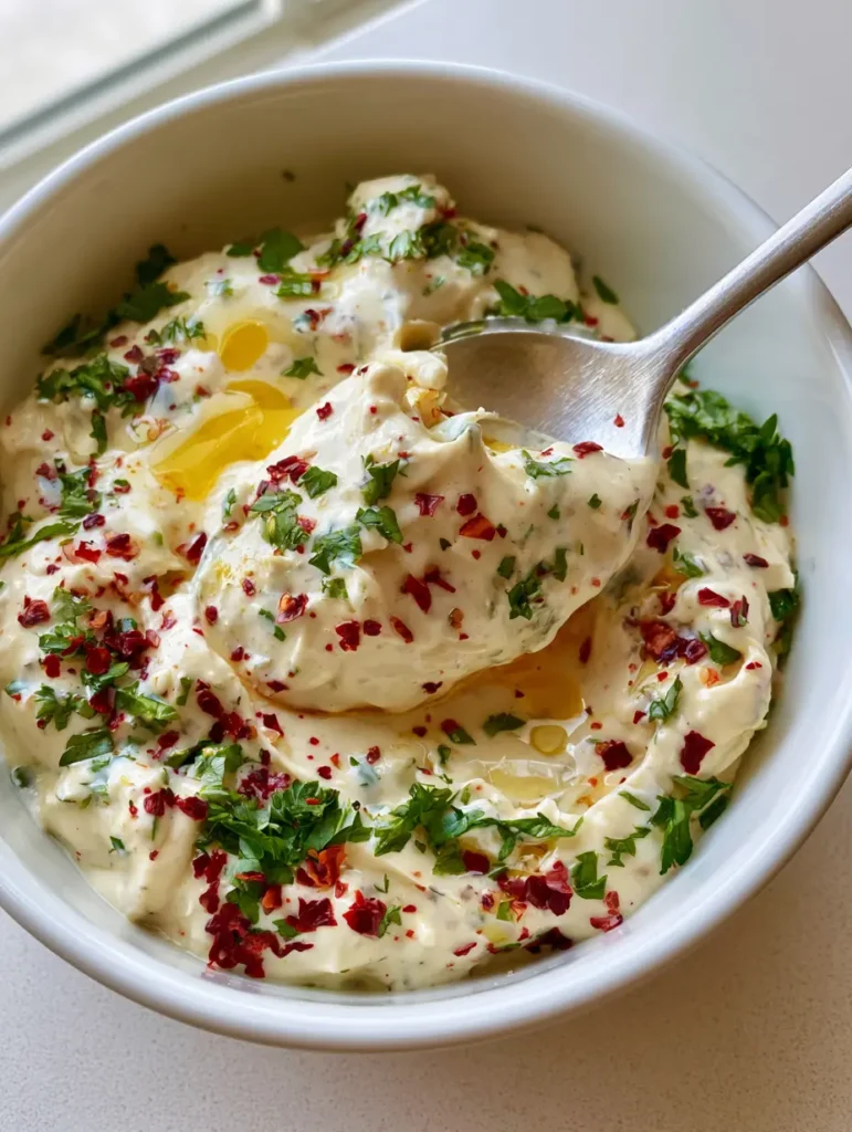 A silver spoon dipping into a bowl of Cowboy Butter Ranch Dressing, highlighting its pourable consistency and fresh parsley garnish.