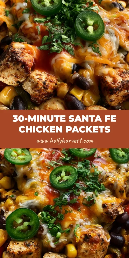 A close-up overhead shot of Santa Fe Chicken Foil Packets with melted cheese, seared chicken, black beans, and corn. (Santa Fe Chicken Foil Packets)