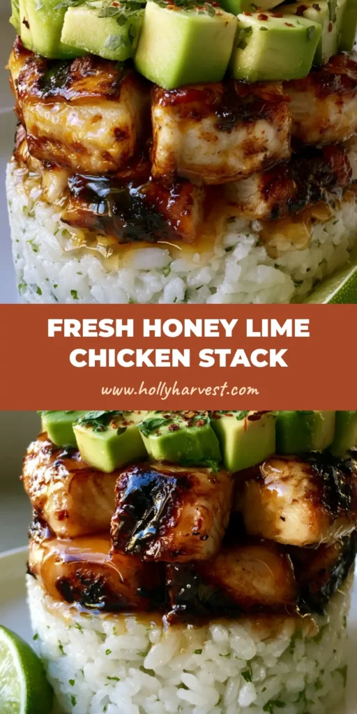 A professional Honey Lime Chicken Avocado Stack on a white plate, featuring a molded rice base and glazed chicken chunks topped with avocado.