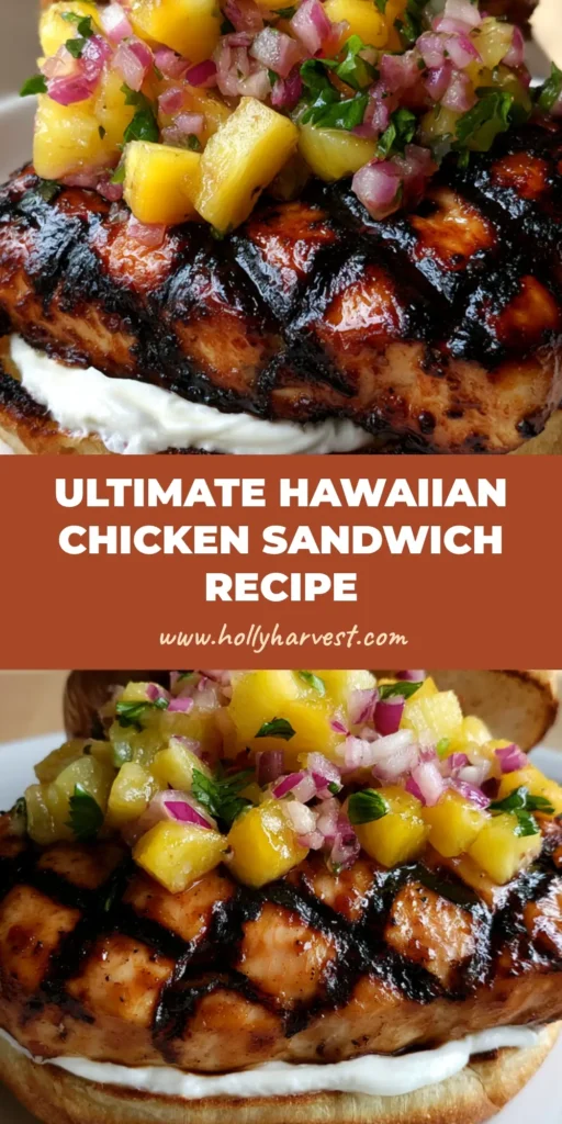 A close-up of a Hawaiian Chicken Sandwich on a white plate, showing the glistening teriyaki glaze, diagonal grill marks, and fresh pineapple salsa with cilantro flecks.