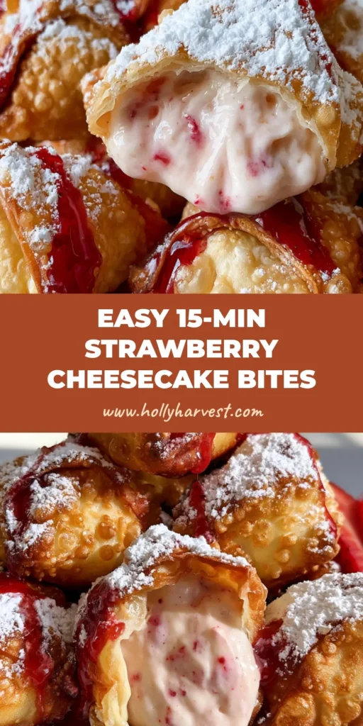 A stack of deep-fried Strawberry Cheesecake Wonton Bites on a white plate, covered in powdered sugar and red sauce drizzle.