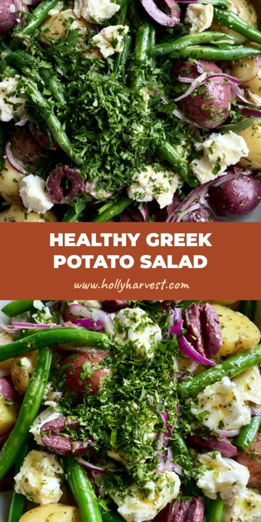 Mediterranean Potato Salad with Herbed Vinaigrette and Crumbled Feta 4 A top-down view of a Mediterranean Potato Salad in a white bowl featuring red-skinned potatoes, green beans, and feta. (Mediterranean Potato Salad)