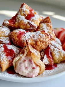 A close-up of a broken Strawberry Cheesecake Wonton Bite revealing the pale pink filling and crispy golden-brown shell.