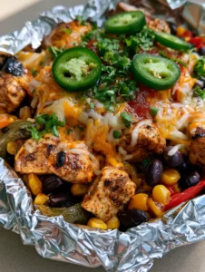 Overhead view of Santa Fe Chicken Foil Packets showing seared chicken cubes and colorful bell peppers. (Santa Fe Chicken Foil Packets)