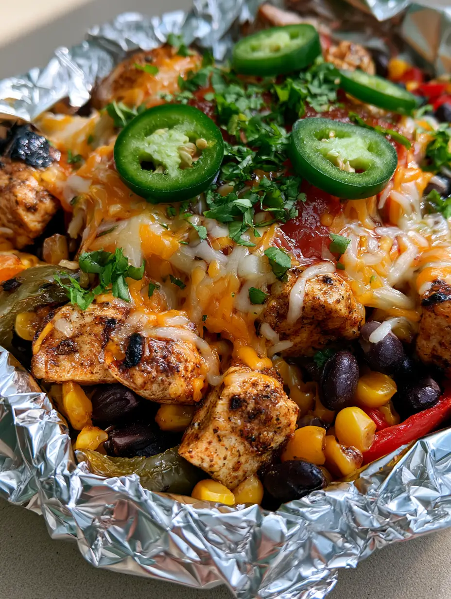 Overhead view of Santa Fe Chicken Foil Packets showing seared chicken cubes and colorful bell peppers. (Santa Fe Chicken Foil Packets)
