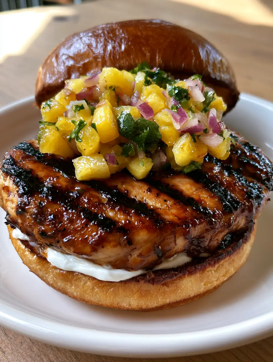 A smartphone-style photo of a Hawaiian Chicken Sandwich featuring deep char marks and a generous mound of pineapple salsa on a wooden table.