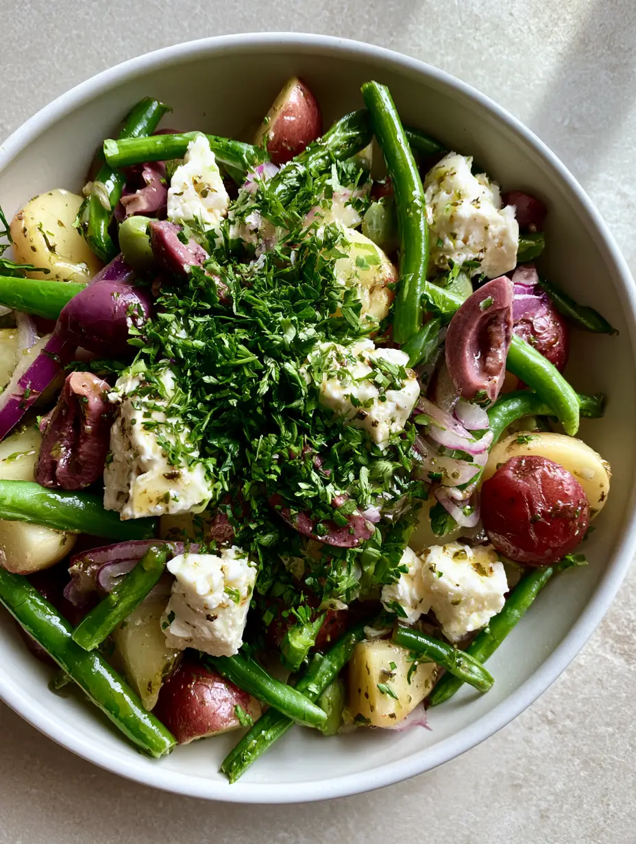 Mediterranean Potato Salad with Herbed Vinaigrette and Crumbled Feta 3 Smartphone photo of Mediterranean Potato Salad with quartered red potatoes and vibrant green beans. (Mediterranean Potato Salad)