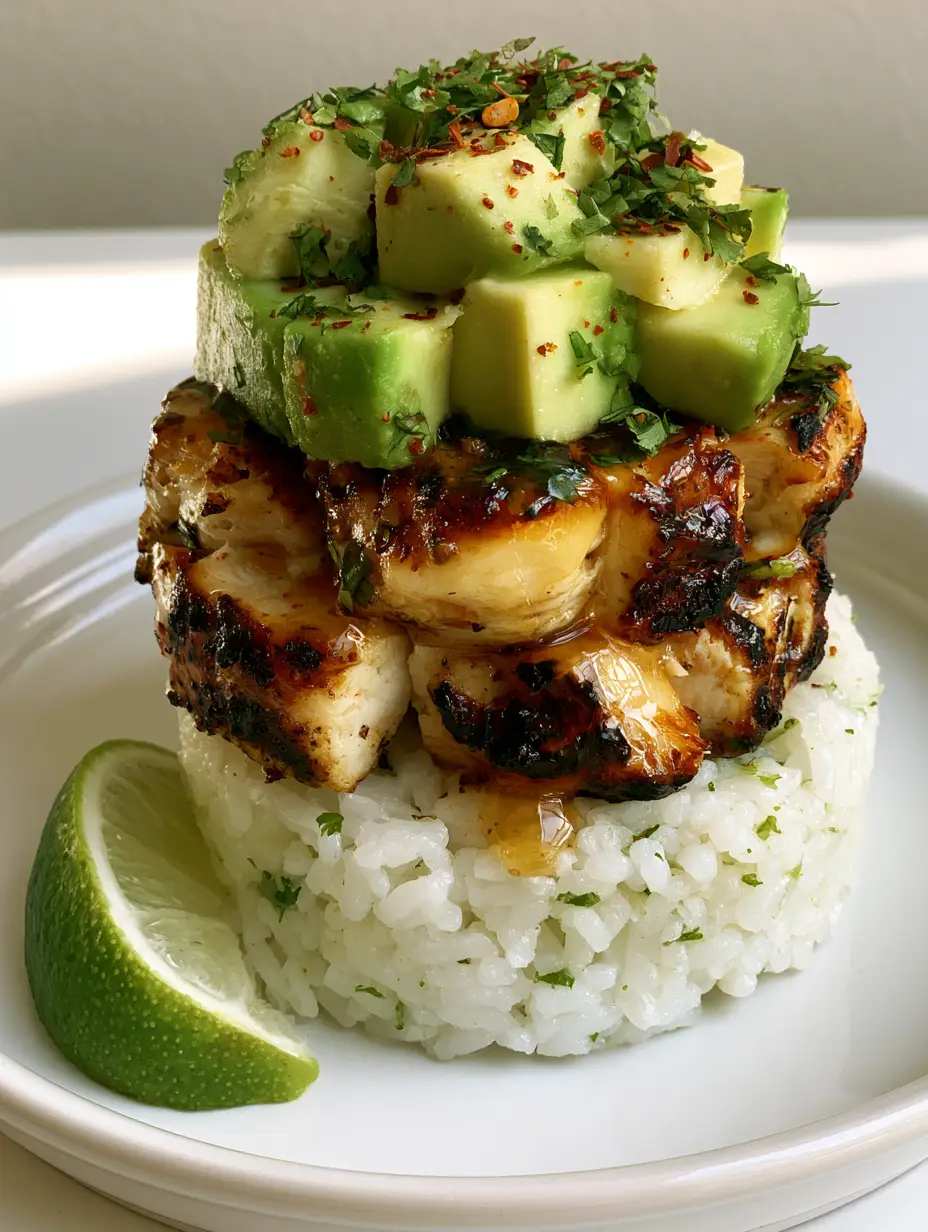 Close-up of seared chicken chunks coated in a glossy amber honey-lime glaze over cilantro rice. (Honey Lime Chicken Avocado Stack)