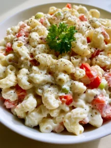 Close-up of a white ceramic bowl filled with Creamy Macaroni Salad Recipe, featuring velvety white dressing and red bell peppers.