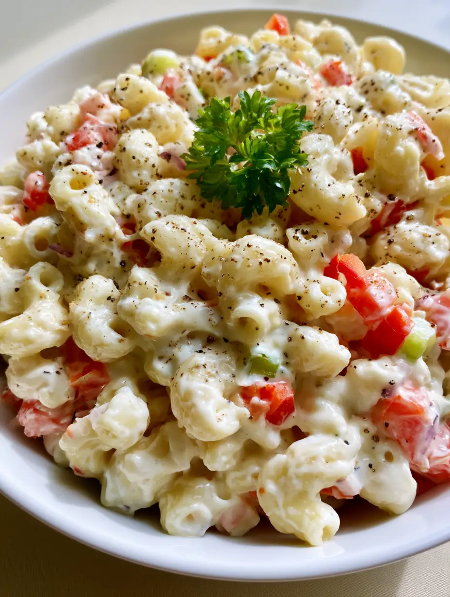 Creamy Macaroni Salad Recipe: The Ultimate Guide to a Velvety Summer Classic 3 Close-up of a white ceramic bowl filled with Creamy Macaroni Salad Recipe, featuring velvety white dressing and red bell peppers.