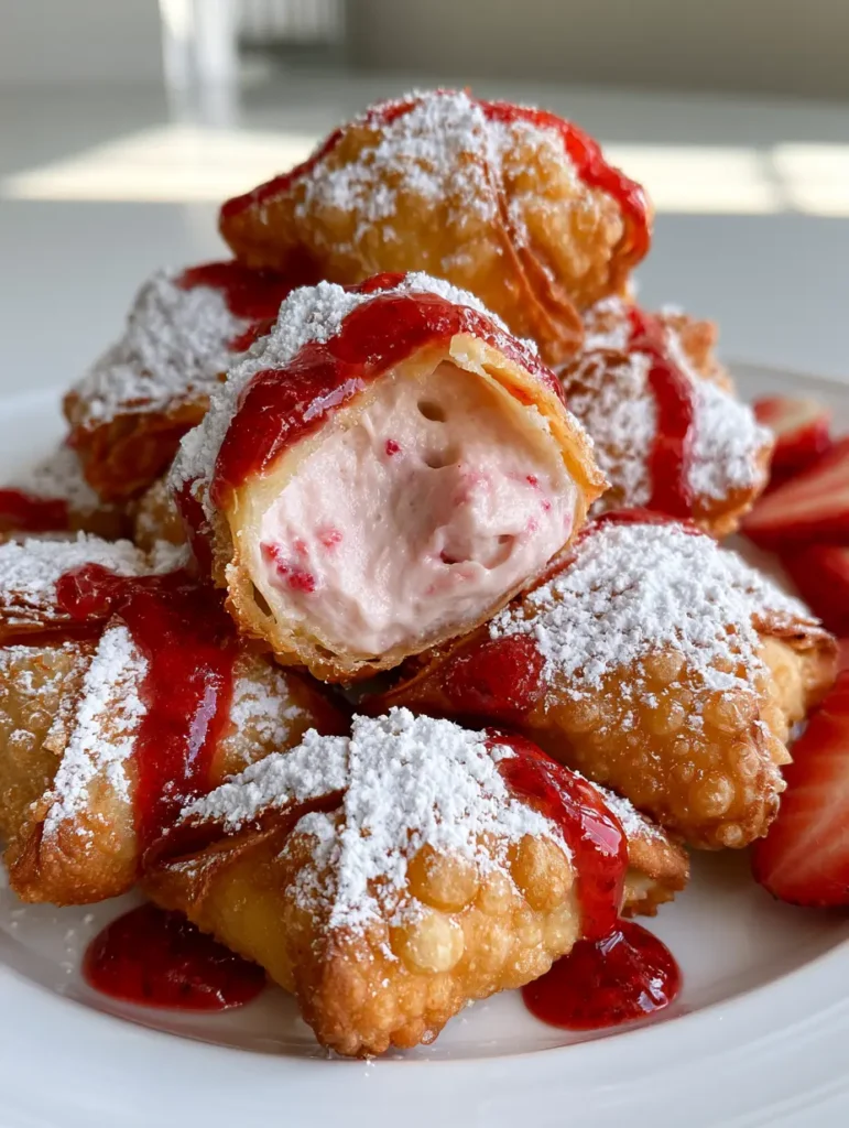A pile of Strawberry Cheesecake Wonton Bites garnished with fresh strawberry slices and a glossy red drizzle.