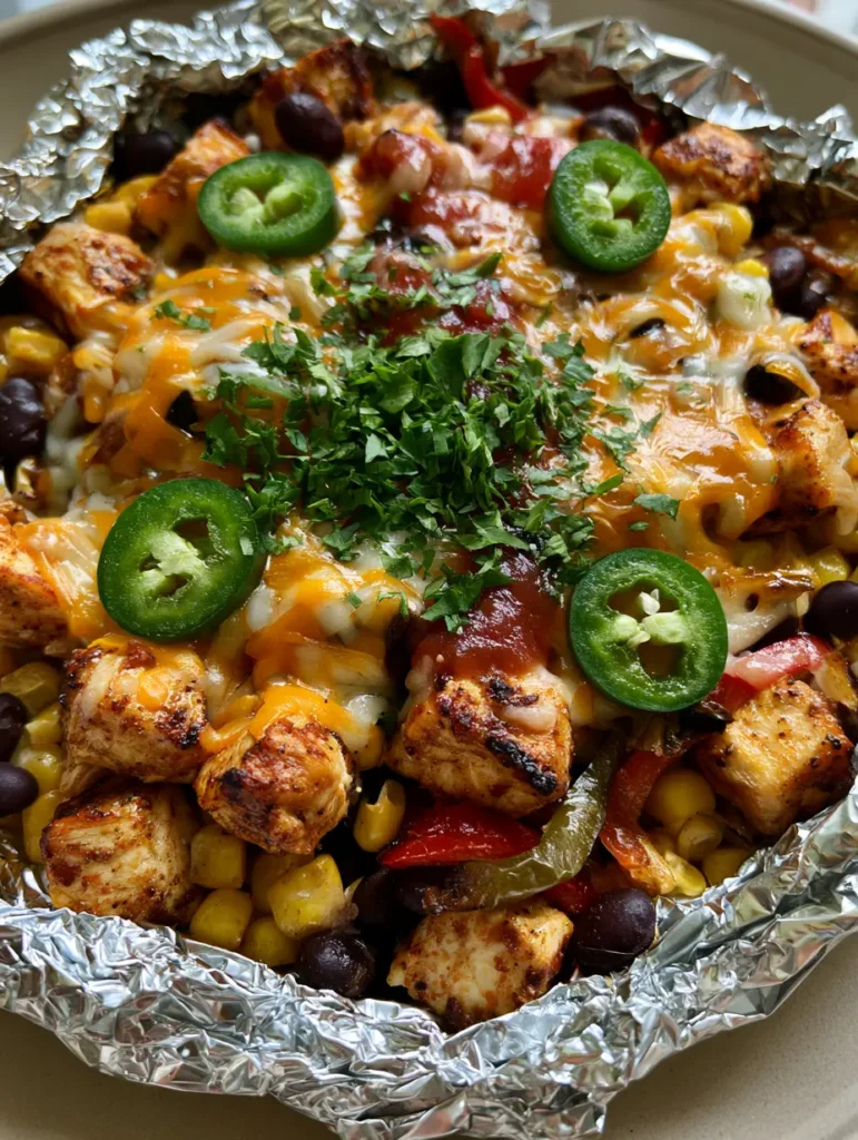 Close-up of melted cheddar and Monterey Jack cheese over Santa Fe Chicken Foil Packets garnished with jalapenos.