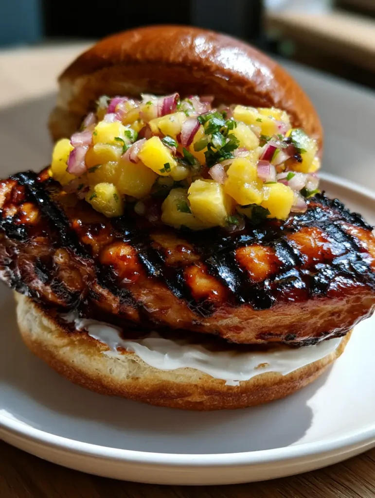 Detailed view of the toasted brioche bun and creamy mayonnaise base of a Hawaiian Chicken Sandwich.