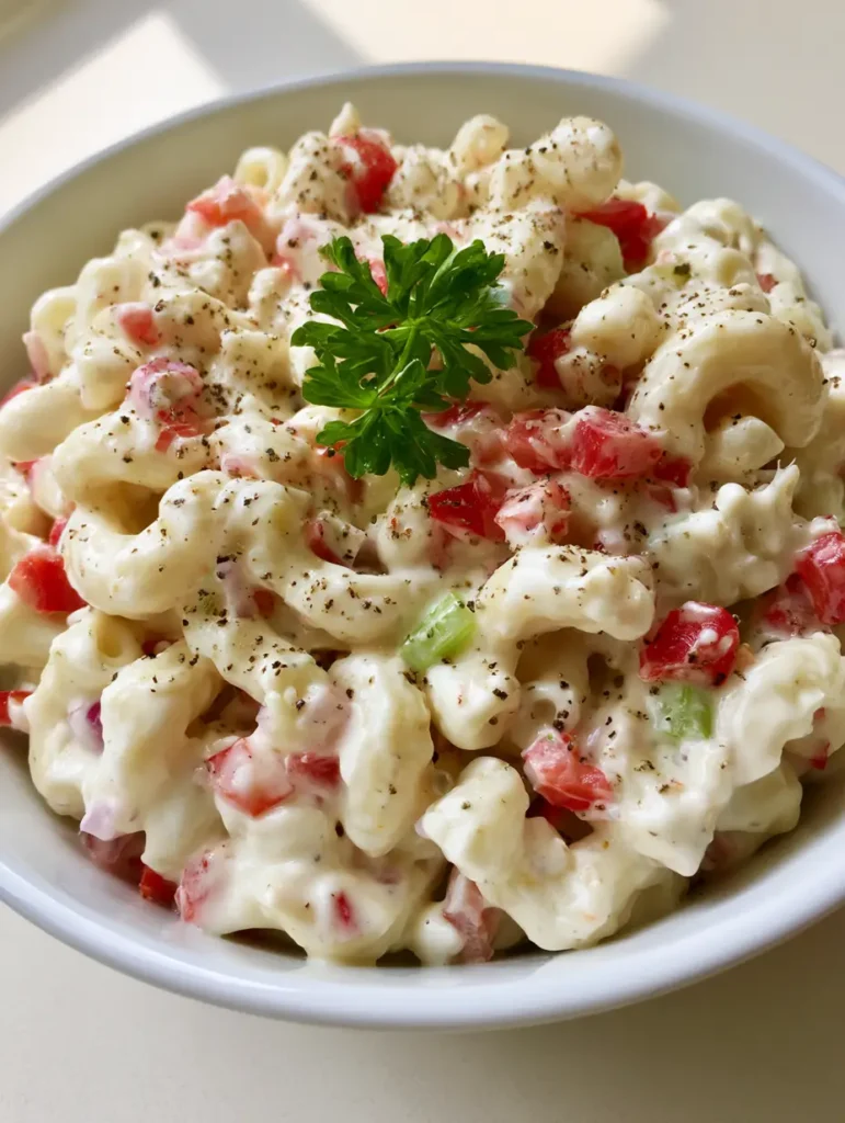 Creamy Macaroni Salad Recipe: The Ultimate Guide to a Velvety Summer Classic 1 A handheld smartphone photo of a white bowl with Creamy Macaroni Salad Recipe and a parsley sprig on a neutral background.