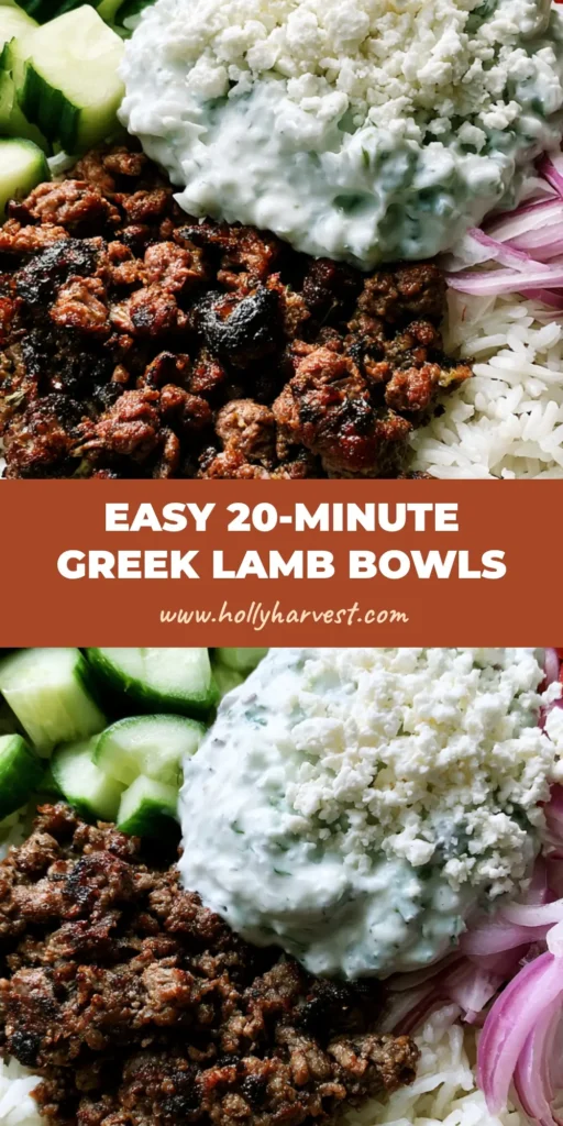Greek Lamb Gyro Bowls with Fluffy Rice and Creamy Tzatziki 4 A top-down view of a ceramic bowl filled with fluffy white rice, charred ground lamb, diced tomatoes, cucumbers, and a dollop of tzatziki. (Greek Lamb Gyro Bowls)