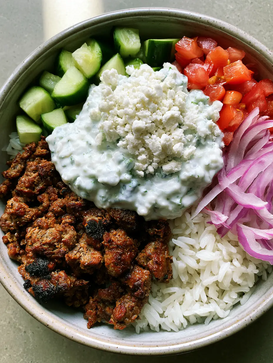 Greek Lamb Gyro Bowls with Fluffy Rice and Creamy Tzatziki 3 Close-up of browned seasoned ground lamb with slightly charred edges and quartered cucumbers in a ceramic bowl. (Greek Lamb Gyro Bowls)