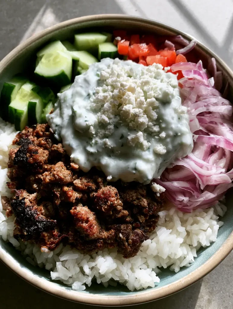 Greek Lamb Gyro Bowls with Fluffy Rice and Creamy Tzatziki 1 A handheld smartphone photo of a Greek lamb gyro bowl featuring white long-grain rice, slivered red onions, and crumbled feta cheese.