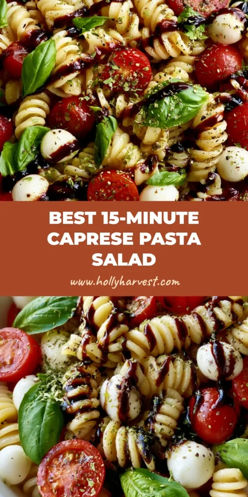 Caprese Pasta Salad with Balsamic Glaze and Herb Vinaigrette 4 A high-angle smartphone-style photo of a Caprese Pasta Salad in a white bowl featuring rotini, mozzarella pearls, and a balsamic glaze drizzle on a gray stone surface.