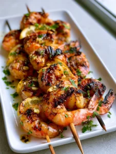Top-down view of juicy grilled shrimp with dark char marks and visible garlic bits. (Grilled Shrimp Skewers)